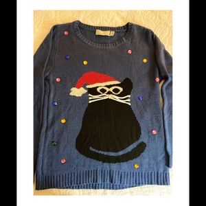 Ugly sweater with cat wearing Santa hat - blue